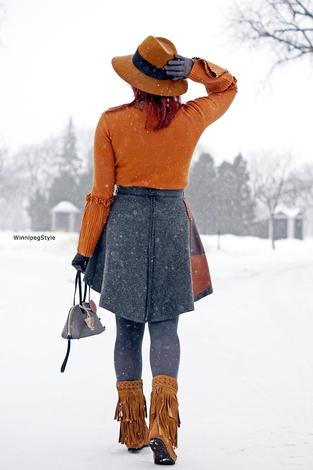 Winnipeg Style, Fashion Consultant, Stylist, Chicwish orange bell sleeve sweater, Tony Chestnut wool and reclaimed leather skirt, Kate Spade mouse handbag, womens fashion, winter fashion, canadian, unique style